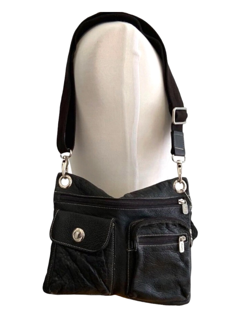 Roots 73 Black Pebble Leather Crossbody Bag Adjustable Strap & Multiple Pockets